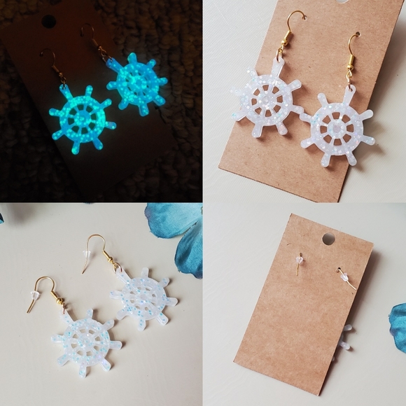 Handmade white rainbow sparkle glow in the dark nautical helm dangle earrings - Picture 7 of 8